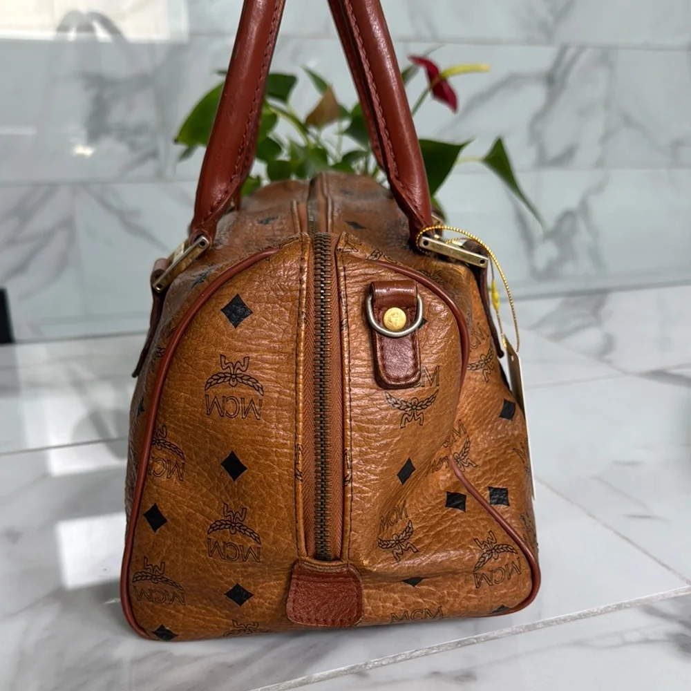 MCM Brown Hand Bag with Signature Logo and Gold Hardware